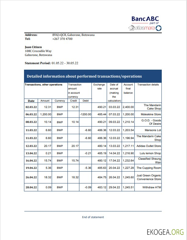 Modèle de relevé bancaire ABC de la Botswana Bank, format Excel et PDF